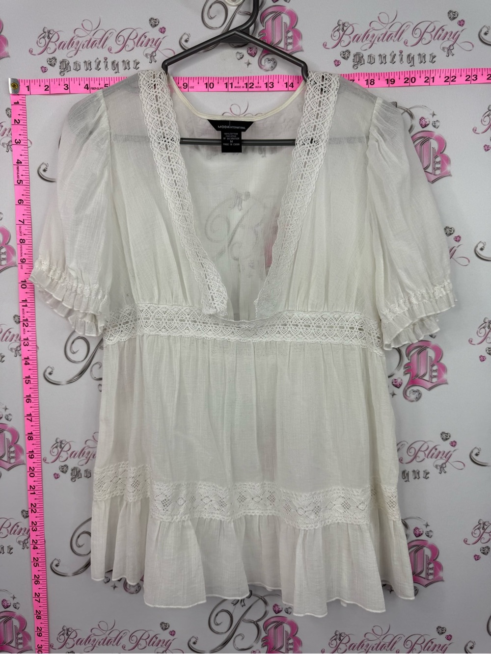 Moda International White Lace Trim Bohemian Peasant Blouse